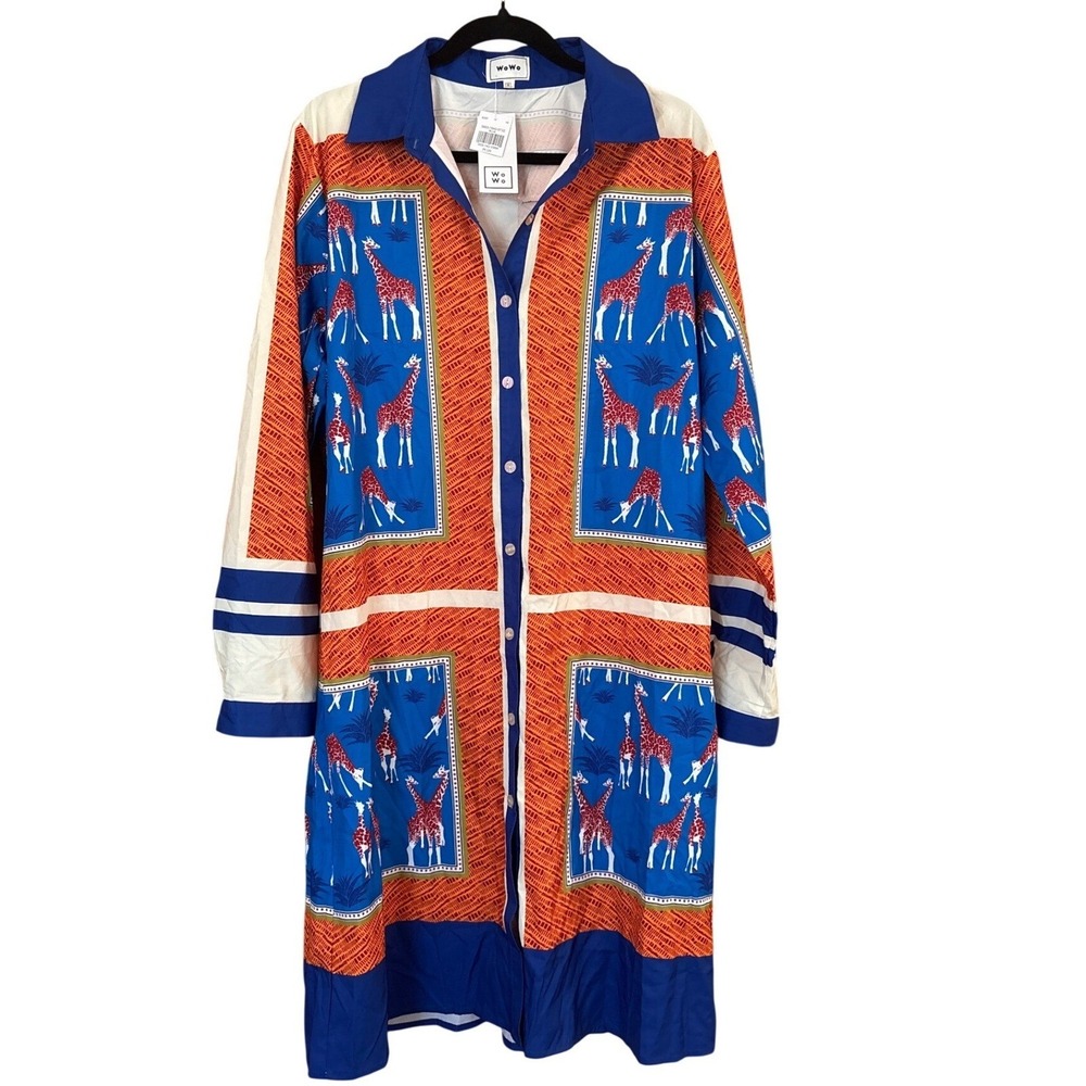 WoWo Shirt Dress Women Blue Orange Giraffe Print Button Front SIZE 1XL NWT